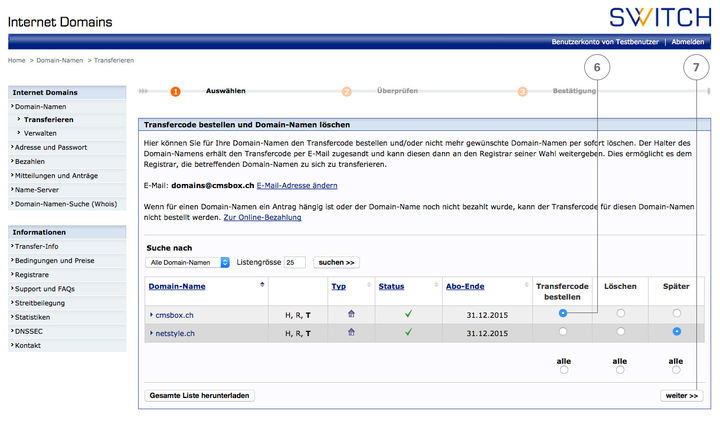 Transfercode bestellen oder Domain-Namen löschen